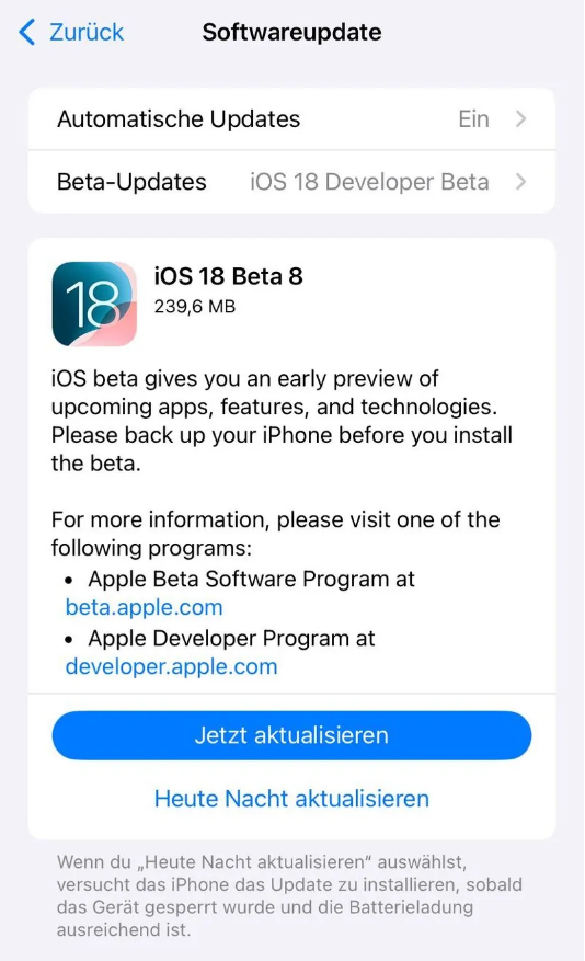 封开苹果手机维修分享苹果 iOS / iPadOS 18 开发者预览版 Beta 8 发布 